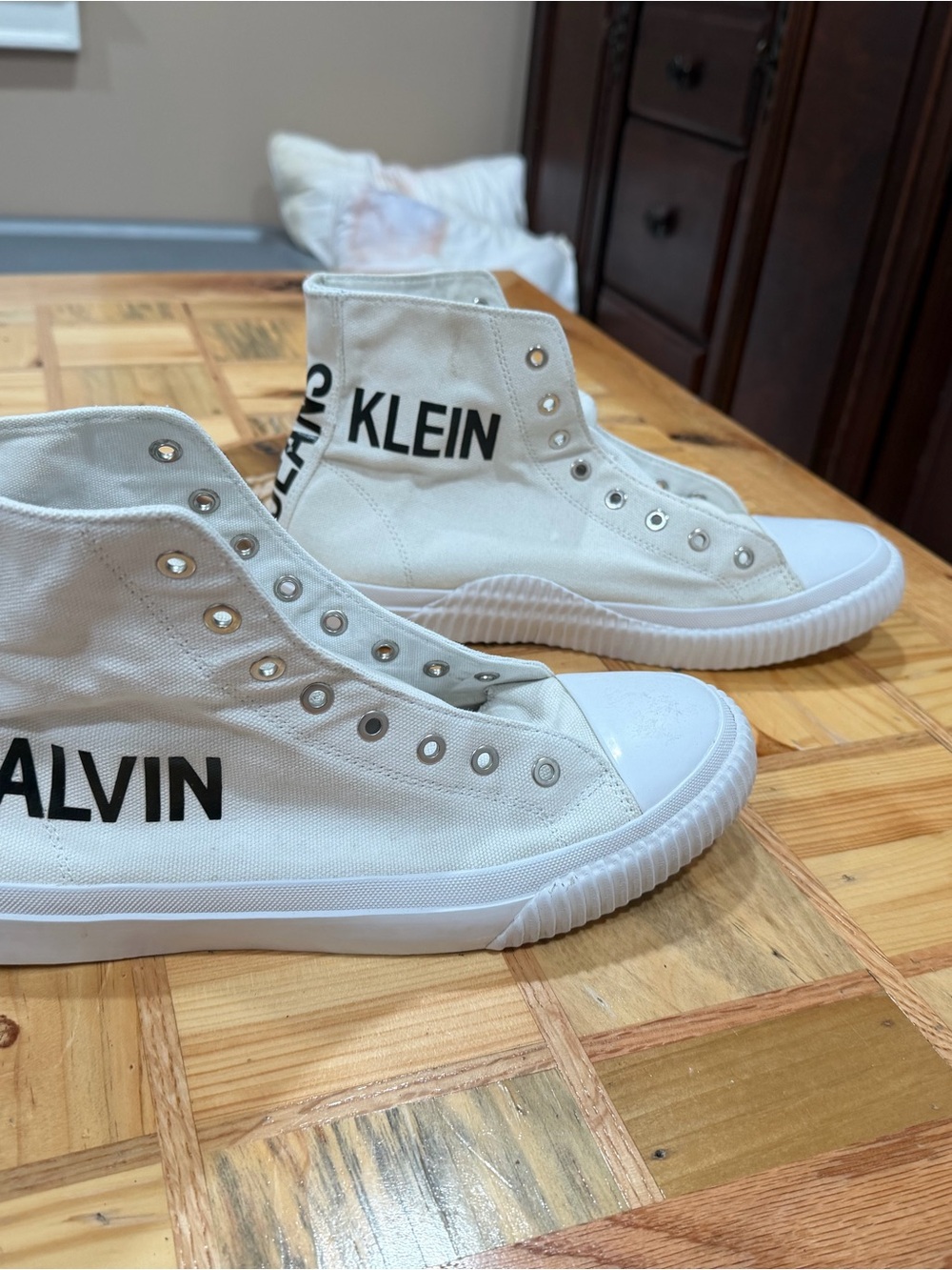 Calvin Klein Jeans adult White High-Top Canvas Sneakers with Black Logo Accent